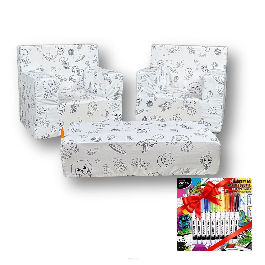 Pěnová sada kreslenka – 2 křesílka a stolek + fixy zdarma