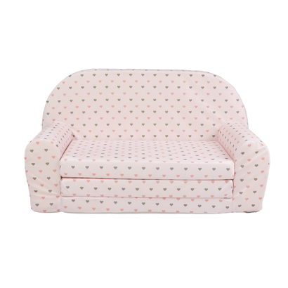 Dětská mini pohovka rozkládací– růžová se srdíčky