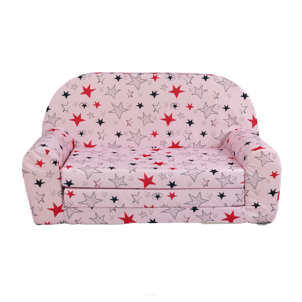 Dětská mini pohovka rozkládací– růžová s růžovými hvězdičkami
