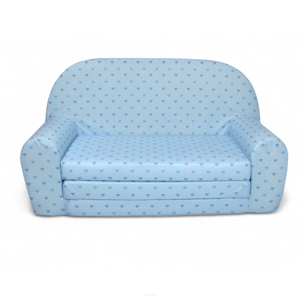 Dětská mini pohovka rozkládací– modrá se srdíčky